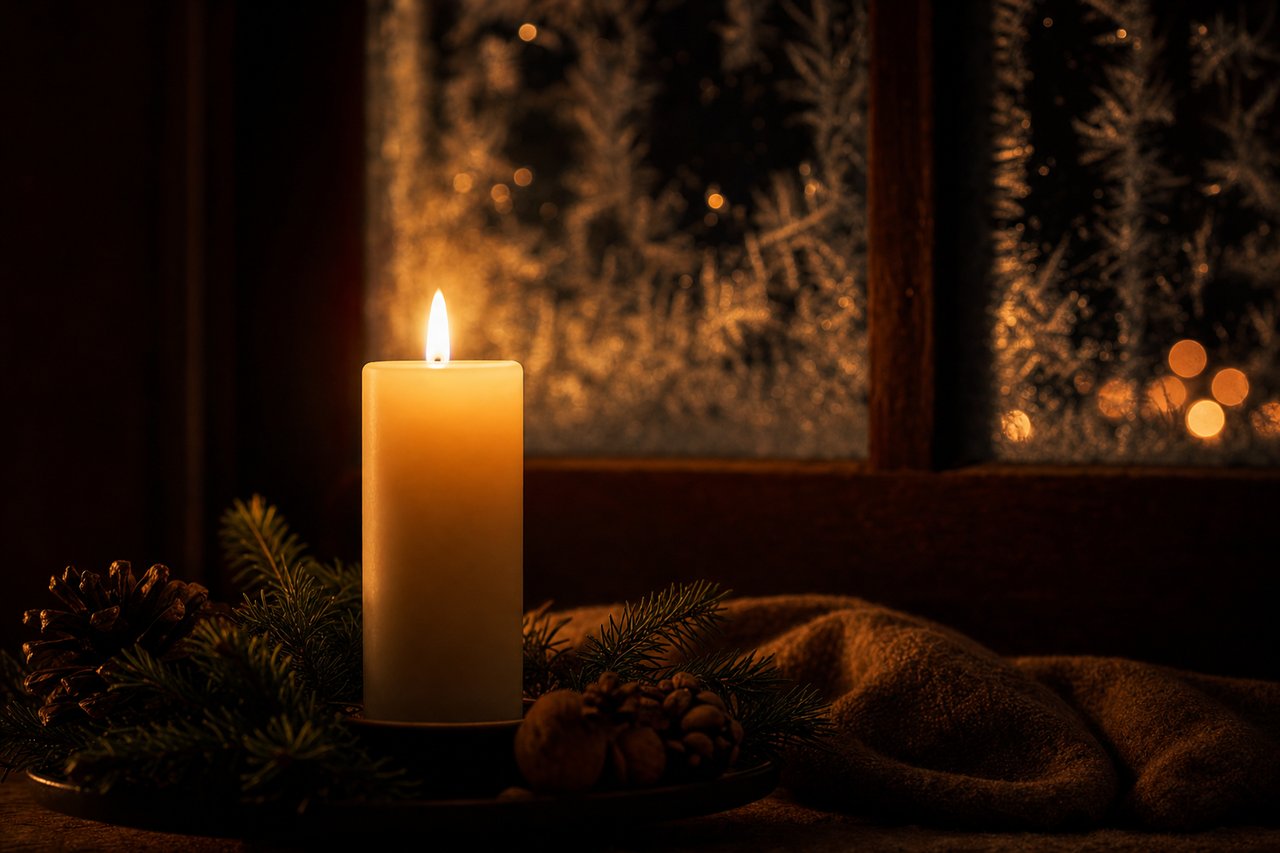 Brennende Kerze in der Winterstille – Symbol für besinnliche Weihnachtszeit
