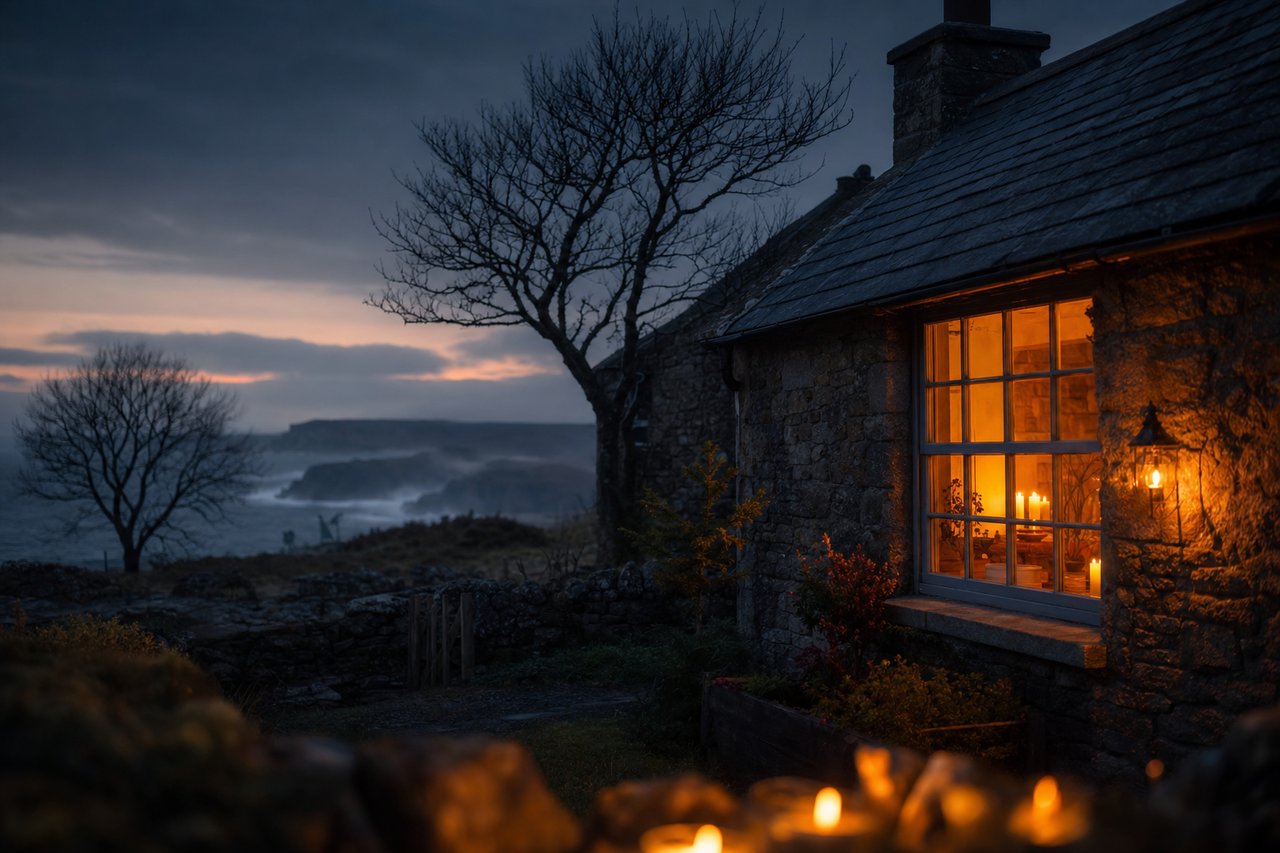 Irische Winterlandschaft mit leuchtendem Cottage-Fenster und Kerzenlicht