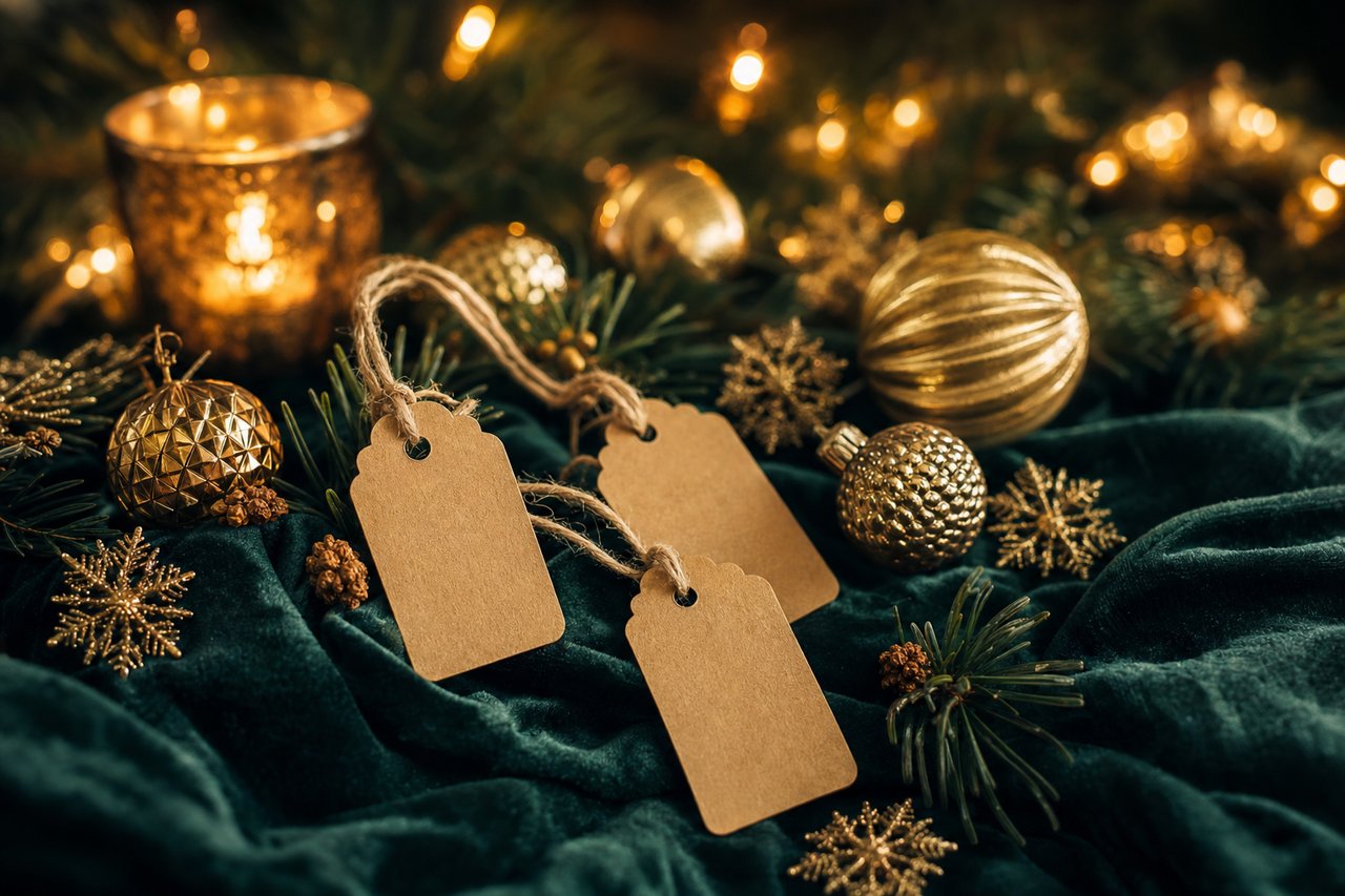 Kurze Weihnachtsgrüße auf kleinen Karten und Anhängern