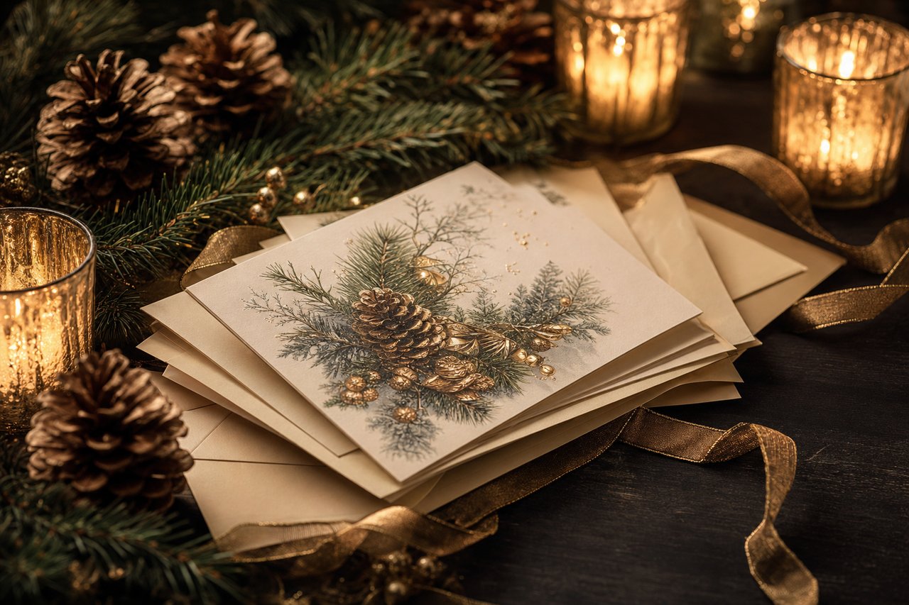 Weihnachtskarten mit handgeschriebenen Sprüchen und Tannenzweigen