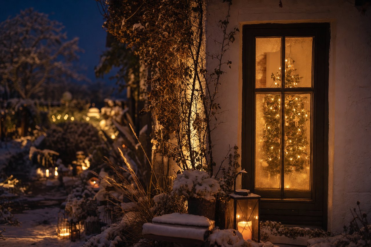 Stille Winterlandschaft mit Kerzenlicht – Symbol für den wahren Sinn von Weihnachten